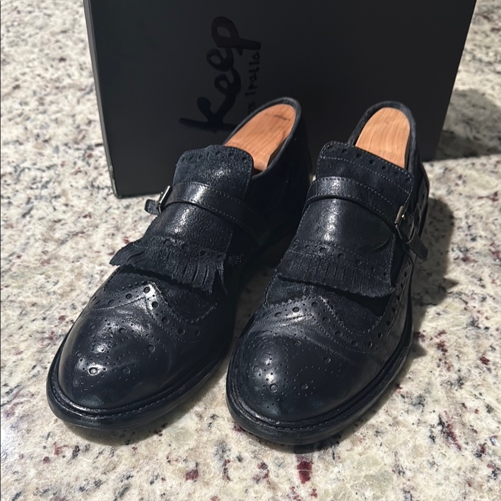 Men's Dark Navy Distressed Leather & Suede Brogue Shoes 🇮🇹